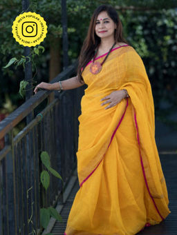 Ethnic Elements - Women Yellow Linen Saree with Unstitched Blouse