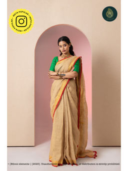 Ethnic Elements - Women Beige Linen Saree Without Blouse