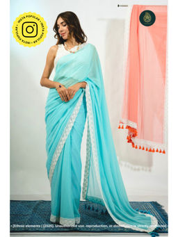 Ethnic Elements - Women Blue Mul Cotton Saree Without Blouse