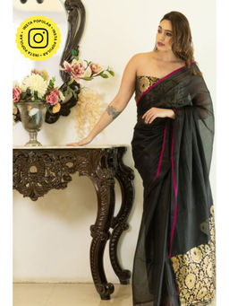 Ethnic Elements - Women Black Tissue Saree with Unstitched Blouse