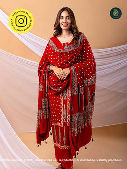 Ethnic Elements - Ajrakh Suit Modal Silk Unstitched Kurta With Bottom And Dupatta