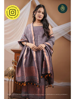 Ethnic Elements - Hand Woven Linen Sage Murmur Unstitched Kurta With Dupatta