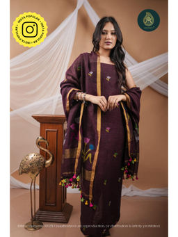 Ethnic Elements - Handwoven Linen Jamdani Floral Poise Unstitched Kurta With Dupatta