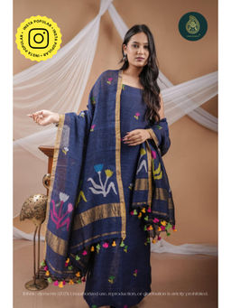 Ethnic Elements - Handwoven Linen Jamdani Verdant Grace Unstitched Kurta With Dupatta