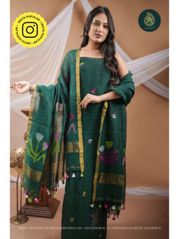 Ethnic Elements - Handwoven Linen Jamdani Botanic Poise Unstitched Kurta With Dupatta