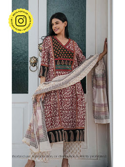 Ethnic Elements - Raangini Embroidered Bagh Print Cotton Kurta with Pant and Dupatta