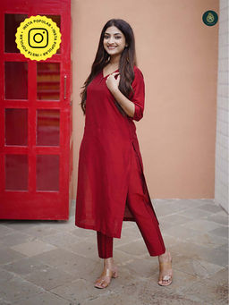 Ethnic Elements - Red Cotton Silk Kurta with Pant