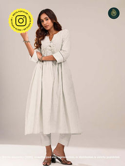 Ethnic Elements - Stitched Cotton Chalk Whisper Kurta With Pant