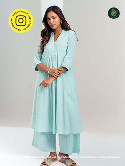 Ethnic Elements - Stitched Cotton Lush Mint Kurta With Pant