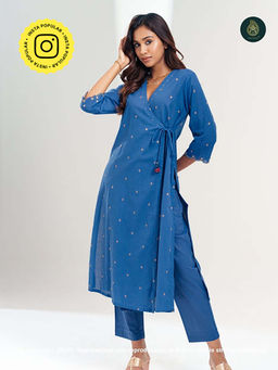 Ethnic Elements - Stitched Cotton Obscura Blue Kurta With Pant