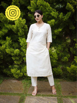 Ethnic Elements - Stitched Cotton White Kurta With Pant