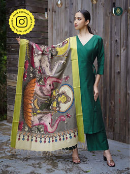Ethnic Elements - Stitched Kurta And Bottom With Dupatta Suit Set - Emerald Green And Kalamkari