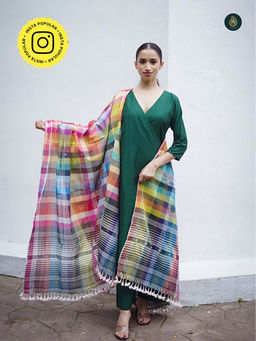 Ethnic Elements - Stitched Kurta And Bottom With Dupatta Suit Set - Forest Green And Bhujodi