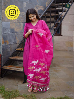 Ethnic Elements - Stitched Kurta And Bottom With Dupatta Suit Set - Magenta Pink And Jamdani