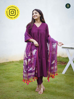 Ethnic Elements - Stitched Kurta And Bottom With Dupatta Suit Set - Mauve And Jamdani