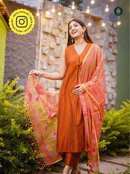 Ethnic Elements - Stitched Kurta And Bottom With Dupatta Suit Set - Metallic Orange And Jamdani
