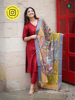 Ethnic Elements - Stitched Kurta And Bottom With Dupatta Suit Set- Crimson Red And Kalamkari