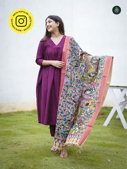 Ethnic Elements - Stitched Kurta And Bottom With Dupatta Suit Set- Purple And Kalamkari