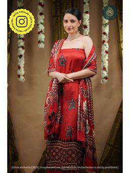 Ethnic Elements - Lal Raas Ajrakh Modal Silk Unstitched Kurta with Unstitched Pant and Dupatta