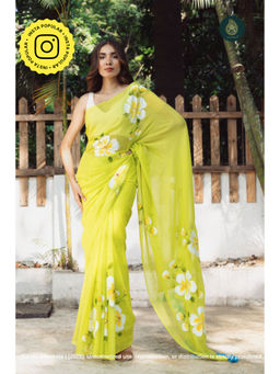 Ethnic Elements - Chitramay - Hand painted Mul Cotton Saree Without Blouse- Citrina Mojito