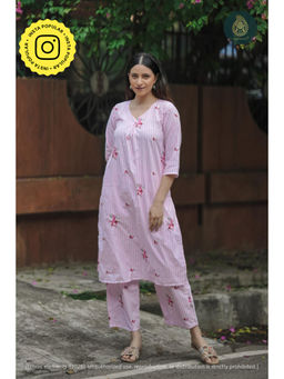 Ethnic Elements - Cotton Kurta And Pant Suit Set- Fleur Rose