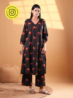 Ethnic Elements - Black Chic Camel Print Cotton Kurta and Pant