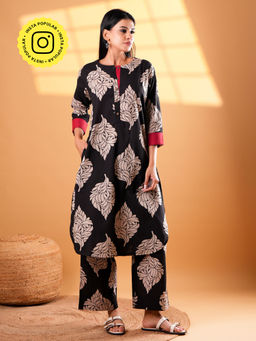 Ethnic Elements - Black Elegant Flora Printed Cotton Kurta and Pant