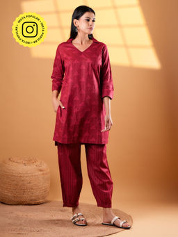 Ethnic Elements - Red Cotton Print Short Kurta and Afghani Salwar