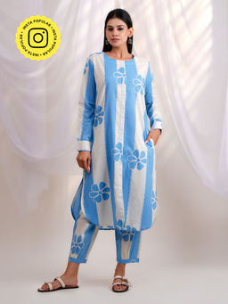 Ethnic Elements - Blue Floral Print Kurta and Afghani Salwar