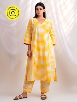 Ethnic Elements - Yellow Gingham Check Kurta and Afghani Salwar