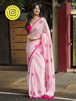 Ethnic Elements - Roseday Floral Embroidered Mul Cotton Saree Without Blouse