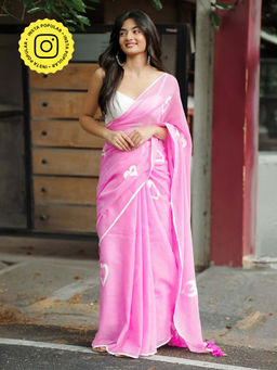 Ethnic Elements - Pink Handpainted Hearts Mul Cotton Saree Without Blouse