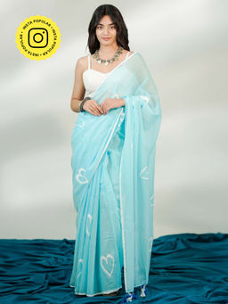 Ethnic Elements - Blue Handpainted Hearts Mul Cotton Saree Without Blouse