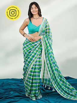 Ethnic Elements - Classic Pallav Checked Soft Mul Cotton Teal Saree Without Blouse
