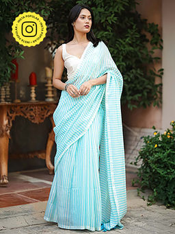 Ethnic Elements - Elegant Neeli Dhari Striped Soft Mul Cotton Saree Without Blouse