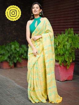 Ethnic Elements - Elegant Nimbu Linen Handloom Checked Saree Without Blouse