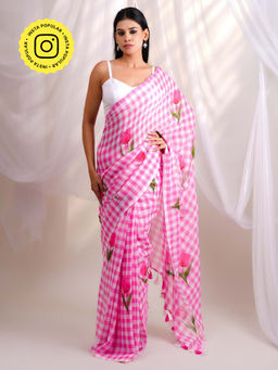 Ethnic Elements - Rose Pink Gingham Checked Mul Cotton Saree Without Blouse