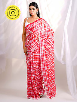 Ethnic Elements - Checks And Hearts Handpainted Soft Mulmul Cotton Saree Without Blouse