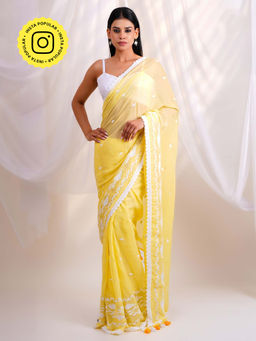 Ethnic Elements - Elegant Aamras Mul Cotton Yellow Saree Without Blouse
