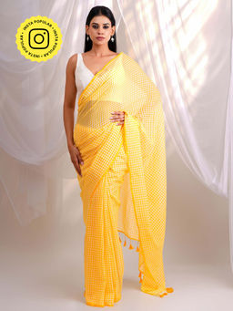 Ethnic Elements - Elegant Sunshine Yellow Checks Mul Cotton Saree Without Blouse