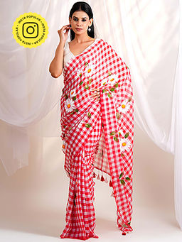 Ethnic Elements - Crimson Red Hand-Painted Daisies Checked Mul Cotton Saree Without Blouse