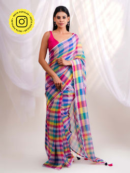 Ethnic Elements - Vibrant Multicolor Checks Mul Cotton Saree Without Blouse