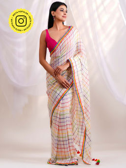 Ethnic Elements - Vibrant Rainbow Grid Checks Mul Cotton Saree Without Blouse