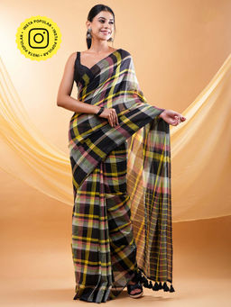 Ethnic Elements - Vibrant Multicolour Checked Mul Cotton Saree Without Blouse