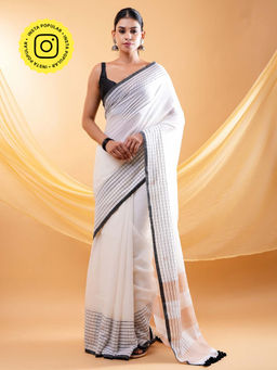 Ethnic Elements - Classic Chic White Mul Cotton Saree Without Blouse