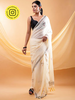 Ethnic Elements - Elegant Devi Dhrithi Beigh Mul Cotton Saree Without Blouse