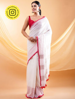 Ethnic Elements - Classic Chic Red Mul Cotton Saree Without Blouse