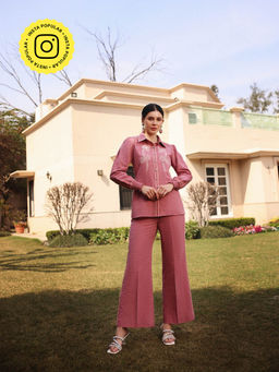 Gauri Designer Apparels - Rosewood Pink Linen Floral Embroidered Co-Ord (Set of 2)
