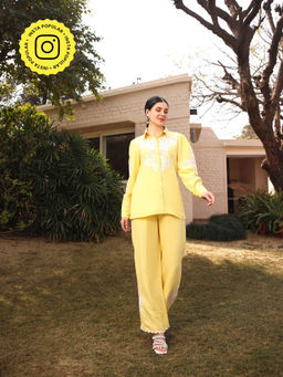 Gauri Designer Apparels - Lemon Yellow Floral Embroidered Co-Ord (Set of 2)