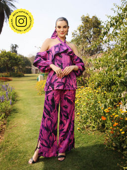 Gauri Designer Apparels - Tyrian Pink Printed Halter Neck Co-Ord (Set of 2)